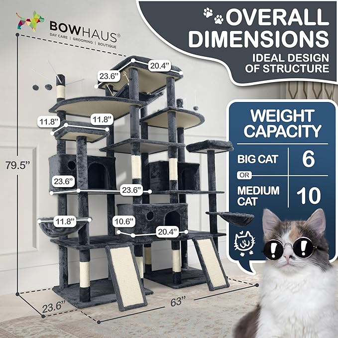 Extra Large 80-Inch Tall Cat Tree w/Widened Perch for Large Cats, Big Cat Tower Indoor, Modern Multi-Level Activity Tower with Scratching Posts, Condos, Baskets, Hammock, Scratching Ramps-PurrikoPets