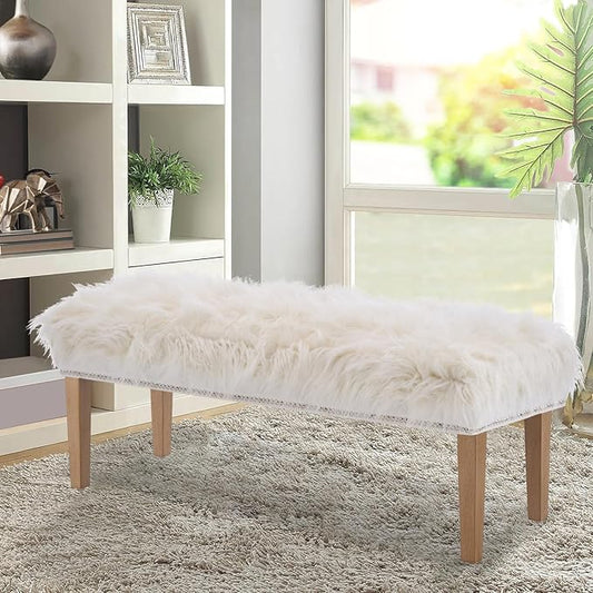 46 Inch White Bedroom Bench, Modern Multi-Purpose Bench with Wooden Legs, Faux Fur Upholstered, 3-Seater, 220 lbs Weight Capacity-PurrikoPets