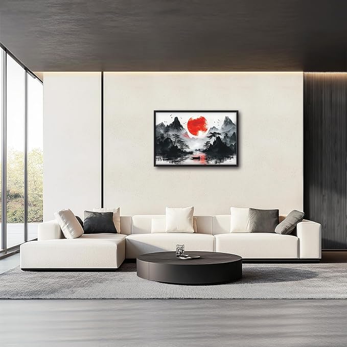 Framed Large Japanese Mountain Wall Art for Living Room, Oversized Asian Red Sun Lake Landscape Wall Decor Nature Canvas Painting Home Decoration for Living Room Bedroom Office 36"x24"-PurrikoPets