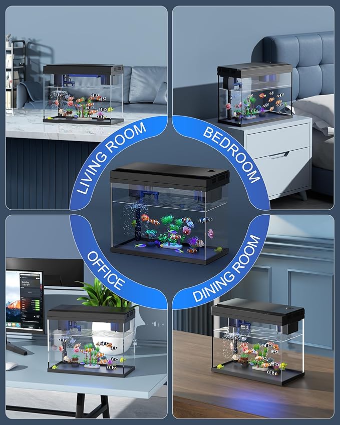 Fish Tank Aquarium Kit, 2.38 Gallon Beta Fish Aquariums, UHD Glass,Temperature Sensing, 7-Color Lighting Small Fish Tank for Kids/Desktop Decor-PurrikoPets