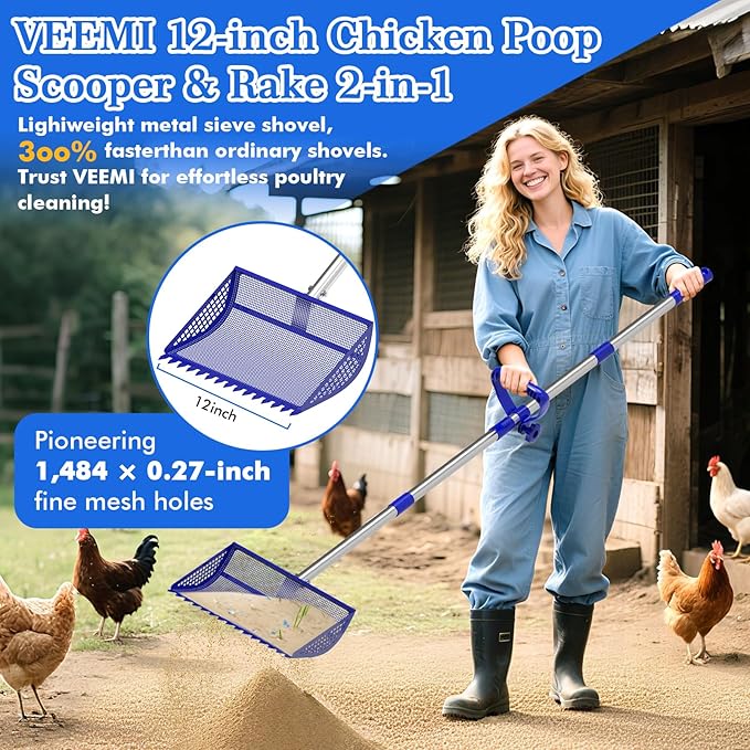 12 Inch Chicken Poop Scooper & Rake 2-in-1, Large Metal Shovel Head, Rubber Handle Stainless Steel Chicken Litter Scoop for Chicken Coops, Litter Screening Scoop (35 to 65in) US Patent Pending (Blue)-PurrikoPets