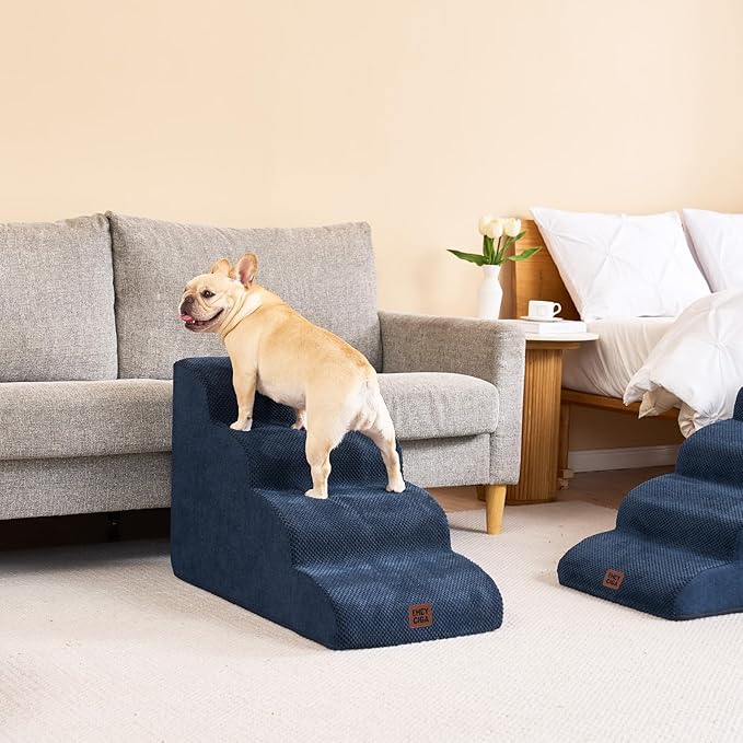 EHEYCIGA Curved Dog Stairs Ramp for High Beds 19.7" H, 4-Step Dog Steps for Small Dogs and Cats, Pet Stairs for High Bed Climbing, Non-Slip Balanced Pet Step Indoor, Navy-PurrikoPets