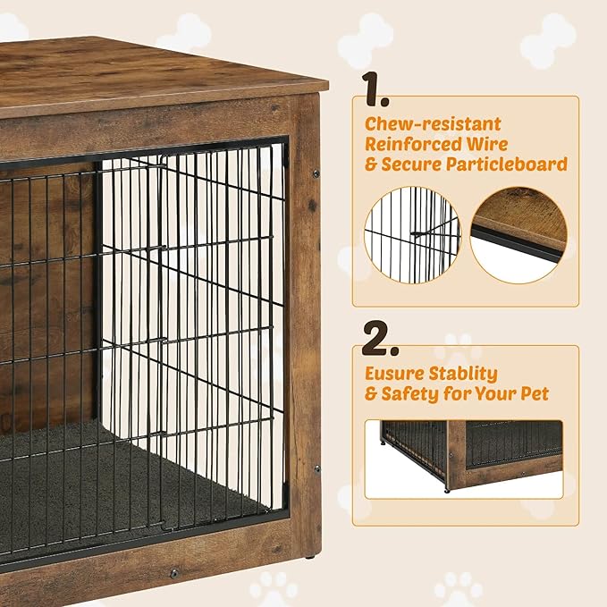Dog Kennel Furniture, Wooden Dog Crate End Table, Heavy Duty Dog Crate, Decorative Pet Crate Dog Cage for Large Indoor Use (Rustic Brown) 27" L×20" W×23" H-PurrikoPets