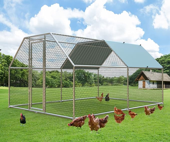 1.26'' Chicken Runs for Yard with Cover, Large Metal Chicken Run Walk in Metal, Outside Dog Kennel with Roof, Flat Roofed Outdoor Kennel for Cats(9.2’L x12.5’Wx 6.4’H)-PurrikoPets
