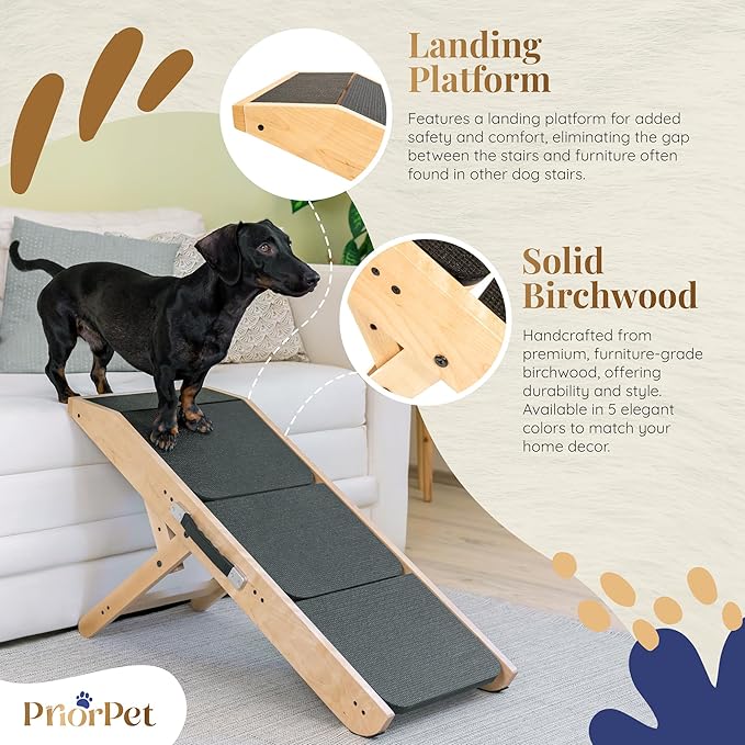 Dog Steps for Bed & Couch 2-in-1 Dog Stairs/Ramp - Height Adjustable Dog Ramp for Couch 7” - 20” - Pet Stairs, Dog Stairs for Small Dogs - Easy to Move Pet Steps with Landing Platform, Natural-PurrikoPets