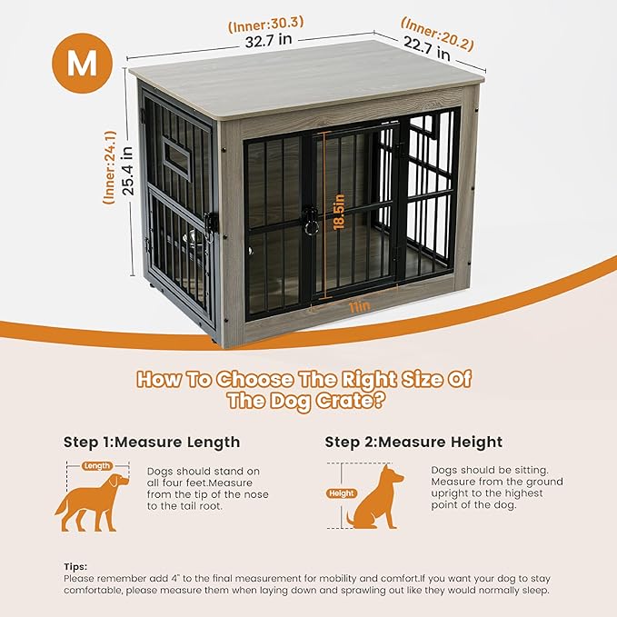 Gardner Pet Dog Crate Furniture for Medium Dogs, 32.7 Inch Dog Kennel Indoor, Wooden Dog Cage End Table with 2 Removable Bowls, Heavy Duty Dog Crate, Rustic Grey-PurrikoPets
