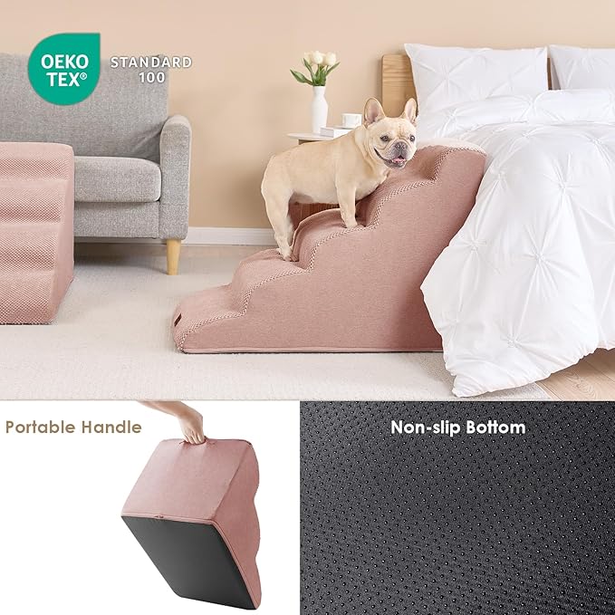 EHEYCIGA Curved Dog Stairs Ramp for High Beds 22.6" H, 5-Step Dog Steps for Small Dogs and Cats, Pet Stairs for High Bed Climbing, Non-Slip Balanced Pet Step Indoor, Dusty Pink-PurrikoPets