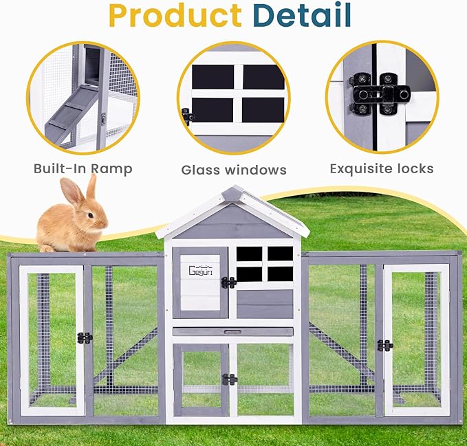 GEGURI Wooden Rabbit Hutch, Indoor Outdoor Chicken Coop Bunny Cage with Waterproof Roof-PurrikoPets