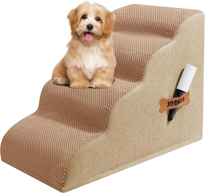 Dog Stairs, Romrol Dog Steps Ramp for High Bed and Couch, Dogs Ramp with Durable Non-Slip Waterproof Fabric Cover, Pet Stairs for Small Dogs and Cats or Pets Joints, 4-TiersLight Brown-PurrikoPets