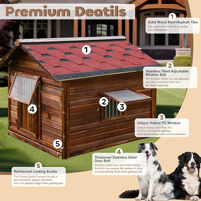 Dog House Outdoor,Solid Pine Wood Large Dog House for Big Breed,Weatherproof Dog Houses Outside with Door,Adjust Windows,Warm Dog Kennel for Outside-PurrikoPets