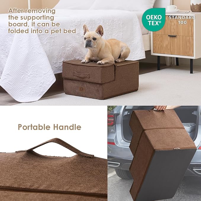 EHEYCIGA Dog Stairs for Small Dogs 13.5" H, 3-Step Dog Steps for Couch Sofa and Chair, Pet Steps for Medium Cats, Non-Slip Balanced Pet Ramp Indoor, Brown-PurrikoPets