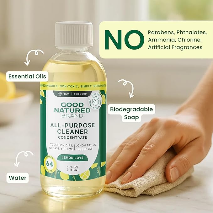 Good Natured Brand All-Purpose Cleaner Concentrate + 16 oz Bottle | Multi-Surface Cleaner | Natural Lemon Essential Oil | Multipurpose Cleaner All Surfaces | Lemon Love | 4oz makes 64oz-PurrikoPets
