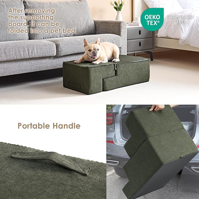 EHEYCIGA Dog Stairs for Bed 18" H, 4-Step Dog Steps for High Bed, Pet Steps for Small Dogs and Cats, Non-Slip Balanced Pet Ramp Indoor, Olive Green-PurrikoPets