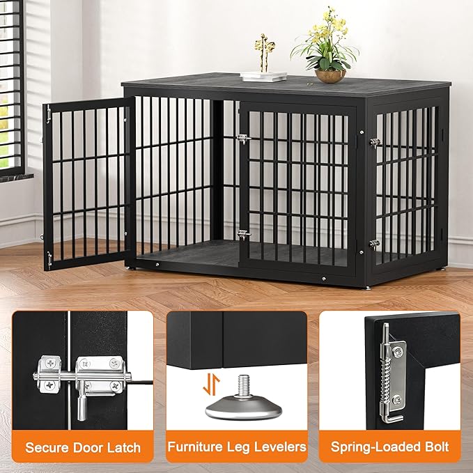 48 Inch Heavy Duty Dog Crate Furniture for Large Dogs, Decorative Pet House End Table, Extra Large Wooden Cage Kennel Furniture Indoor, Black and Gray-PurrikoPets