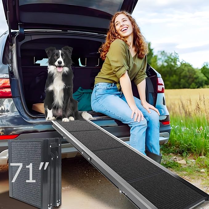 Dog Ramp for Cars SUV Truck-17.3x71in Heavy Duty Foldable Wide Outdoor Pet Stairs with Non-Slip Surface Portable Folding Design for Large Dogs Up to 250lbs (71" L x 17.3" W)-PurrikoPets