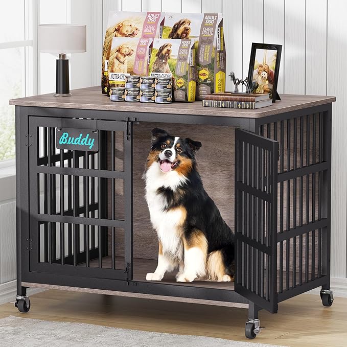 EasyCom 42"/41"/33" XL Dog Crate Furniture with Casters, Heavy Duty Dog Kennel Indoor for Large and Medium Dogs, Double-Doors Sturdy Dog Cage for Anxiety Dog, Decorate House as TV Stand, Bedside Table-PurrikoPets