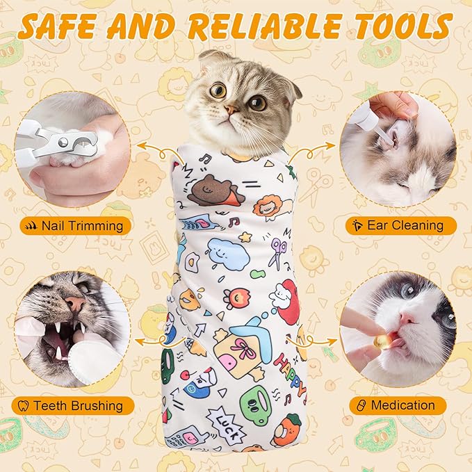 27.6" Cat Wrap for Cutting Nails, Self-Adhesive Cat Grooming Wrap Anti-Escape Cat Restraint for Nail Clipping Cat Swaddle Wrap Cat Wrapping Cloth for Pet Cleaning and Beauty (Within 15lbs)-PurrikoPets