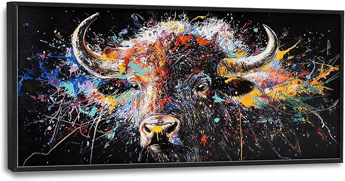 Framed Large Bison Buffalo Wall Art for Living Room, Oversized Graffiti Yak Cow Wall Decor Banksy Bull Canvas Painting Animal Pictures Modern Artwork for Living Room Bedroom Office 60"x30"-PurrikoPets