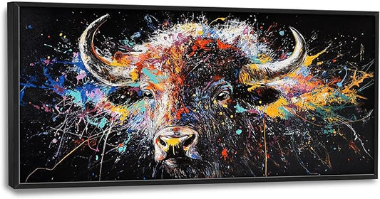 Framed Large Bison Buffalo Wall Art for Living Room, Oversized Graffiti Yak Cow Wall Decor Banksy Bull Canvas Painting Animal Pictures Modern Artwork for Living Room Bedroom Office 60"x30"-PurrikoPets