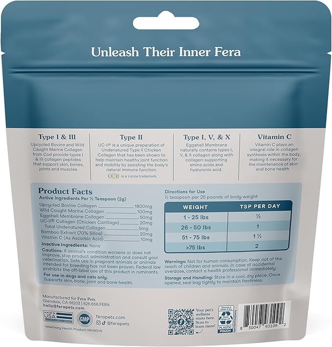 Fera Pets Cat & Dog Collagen Powder - Bone, Gut, Joint and Skin Supplement - 5 Types of Collagen + Clinically Studied UC-II® - 4.23 oz-PurrikoPets