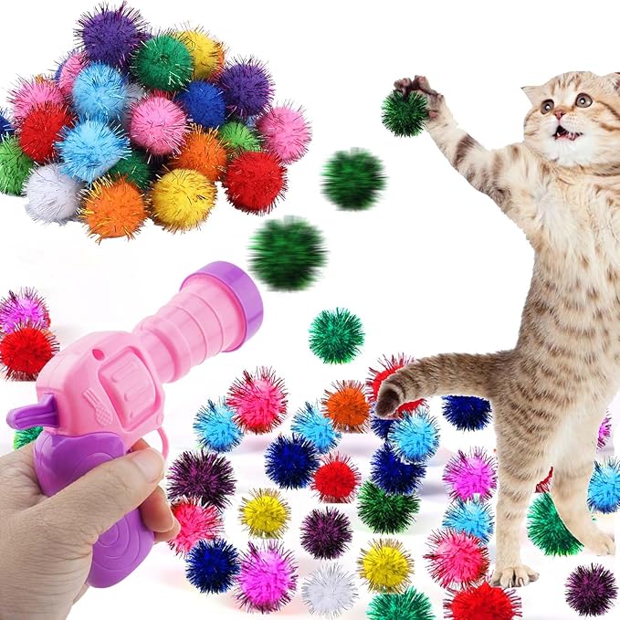 Dorhui Cat Toy Balls with Launchers Set, 30 Pcs Sparkle Pom Ball for Cat,Cat Enrichment Toys,cat Toys for Indoor Cats, Interactive Glitter Pom Ball for Kitty Gifts-PurrikoPets