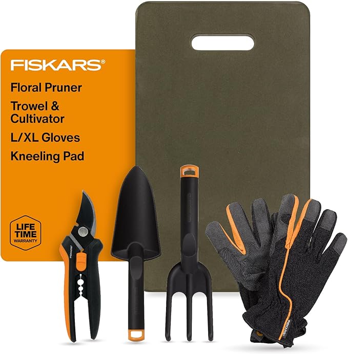 Fiskars Flower Gardening Tool Gift Set with Floral Pruner, Trowel, Cultivator, Garden Gloves, and Ultra-Light Kneeling Cushion for Outdoor Use (5 Piece Kit)-PurrikoPets