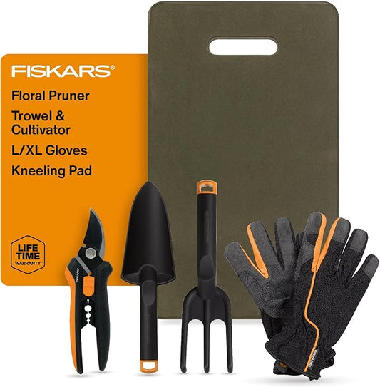 Fiskars Flower Gardening Tool Gift Set with Floral Pruner, Trowel, Cultivator, Garden Gloves, and Ultra-Light Kneeling Cushion for Outdoor Use (5 Piece Kit)-PurrikoPets