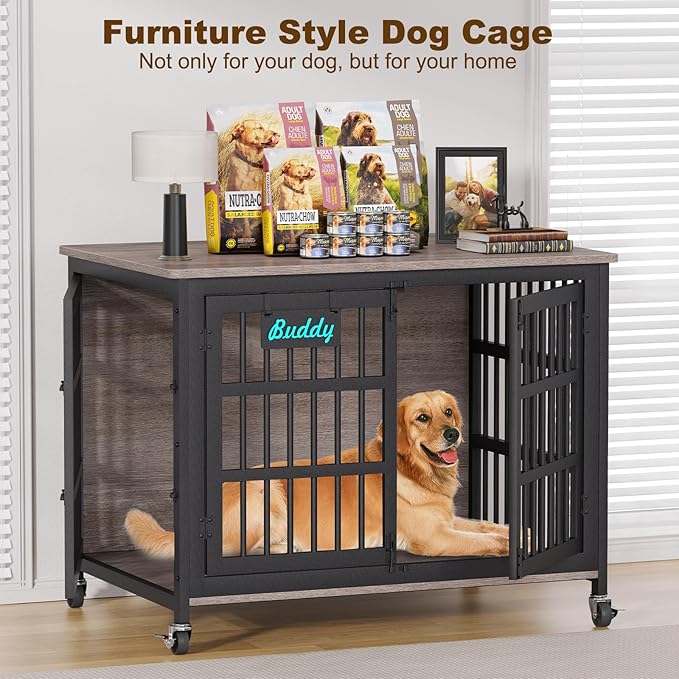 EasyCom 42"/41"/33" XL Dog Crate Furniture with Casters, Heavy Duty Dog Kennel Indoor for Large and Medium Dogs, Double-Doors Sturdy Dog Cage for Anxiety Dog, Decorate House as TV Stand, Bedside Table-PurrikoPets