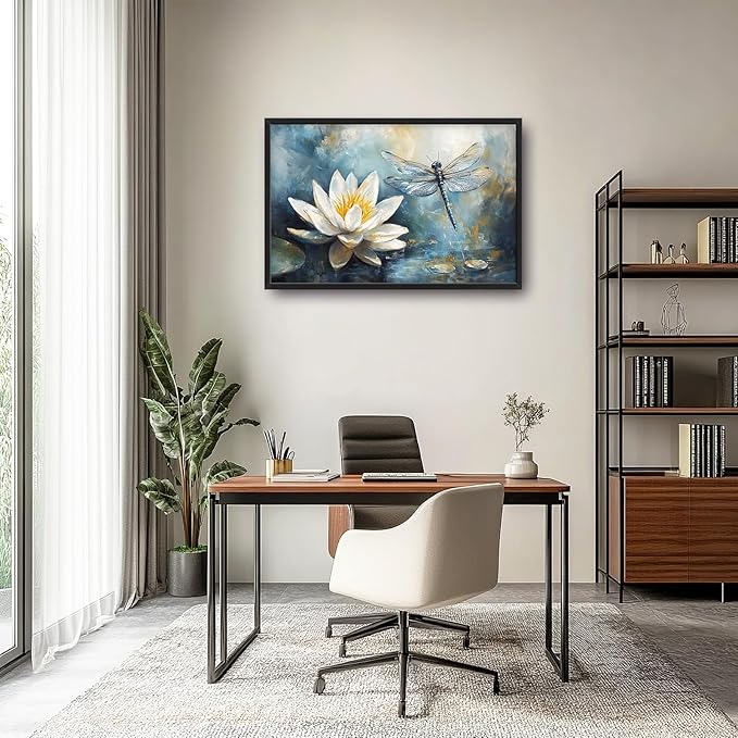 Extra Large Lotus Dragonfly Framed Wall Art for Living Room,Abstract Blue Lotus Flower Lake Pictures Wall Decor,Nature Canvas Print Painting Modern Artwork Bedroom Office Bathroom 36L" x 24W"-PurrikoPets