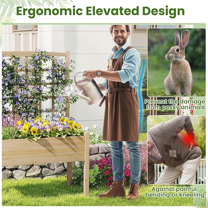 Giantex Raised Garden Bed with Trellis, Wooden Elevated Planter Box with Legs, Drainage Holes for Climbing Plants Vines Vegetables Flowers Herbs, Outdoor Horticulture Planter for Patio Yard (Natural)-PurrikoPets