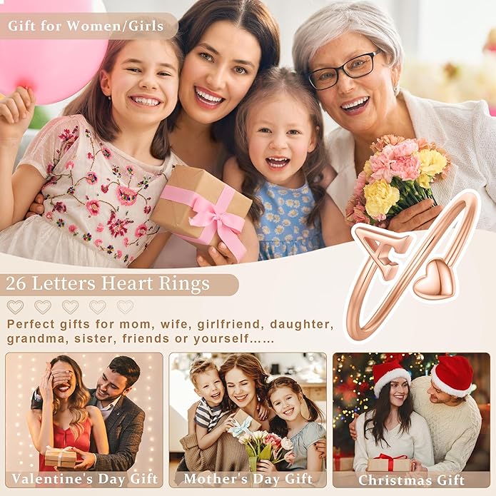 Initial Rings for Women Girls - Valentines Day Gifts for Her, Adjustable Rings for Women Non Tarnish Letter A-Z Dainty Heart Ring Teen Girls Gifts Trendy Stuff Personalized Jewelry Gift