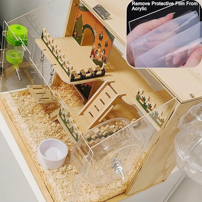 11 in 1 Wooden Hamster Cage with All Accessories, 15.8 Inch 3-Layer Dwarf Hamster Cage Acrylic,Small Animal Cages, Pastoral Style Mouse Cage for Pet Mice, Hedgehog, with Stairs, Fences and Swing-PurrikoPets