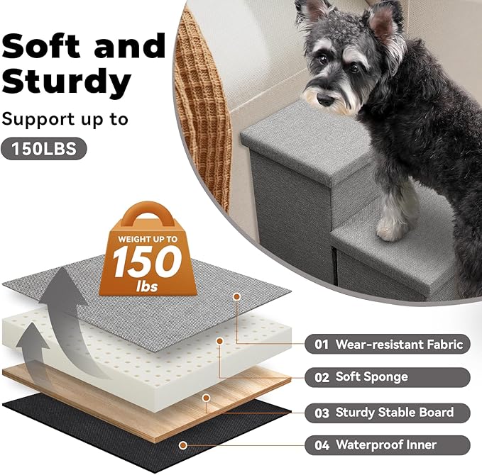 Dog Stairs 15" H, 2-Step Wider Dog Steps for Small/Medium/Large Old Dogs Cats, Folding Sturdy Storage Pet Stairs Climbing Bed Couch, Dog Ramp for Car Hold Up to 150 lbs(Gray, with Condo)-PurrikoPets