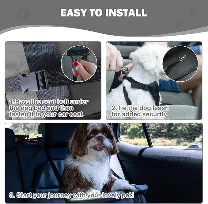 2 and 1 Center Console Dog Car Seat & Carrier for Small Dogs, Large Leather Dog Car Bed with Storage Pocket, Waterproof PVC Leather Seat Travel Bed for Front & Back Seat, Clip-On Safety Leash-PurrikoPets