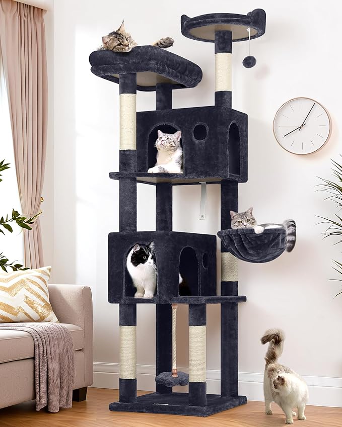 Globlazer Cat Tree, 70 inch Tall Scratching Tower Multi-Level Cat Condo for Indoor Multiple Cats with 2 Large Cat Caves, Top Perch, Large Platform, Bottom Swing, F70B, Dark Grey-PurrikoPets
