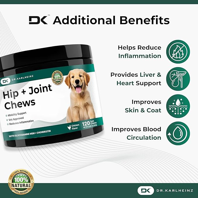 Glucosamine for Dogs - Max Strength Hip and Joint Supplement for Dogs - MSM, Chondroitin, Hemp Oil, Turmeric - Mobility Support and Pain Relief - 120 Chewable Tablets (Chicken Flavor)-PurrikoPets