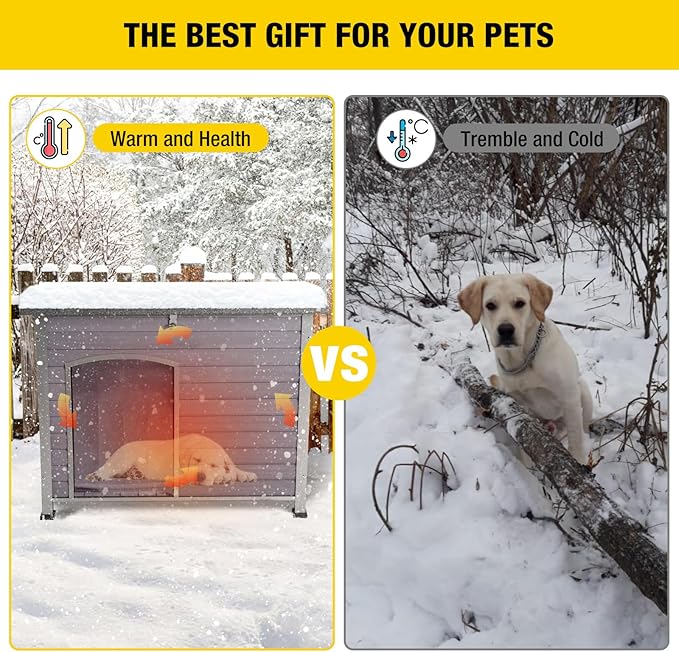 Aivituvin Dog House with Insulated Liner, Outdoor Indoor Weatherproof Dog House for Winter, Suitable for Small & Medium & Large Dogs with Unique All-Around Iron Frame(Grey)-PurrikoPets