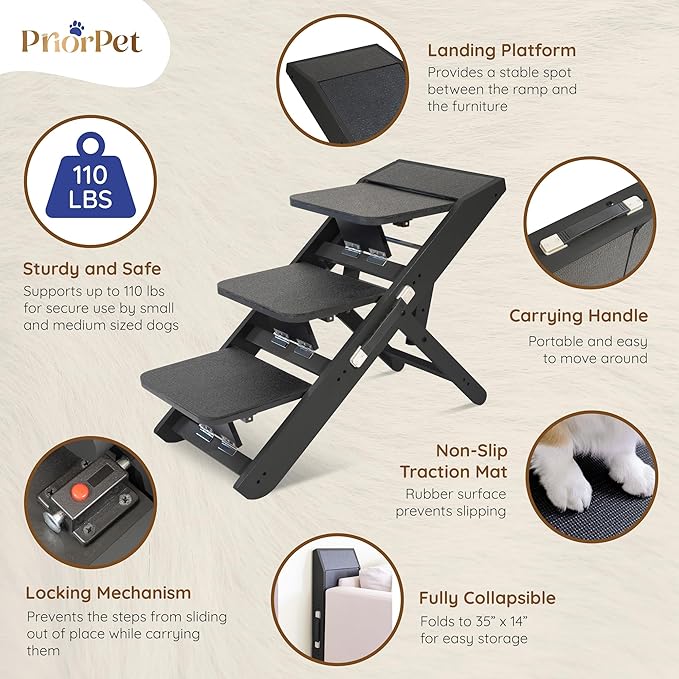Dog Steps for Bed & Couch 2-in-1 Dog Stairs/Ramp - Height Adjustable Dog Ramp for Couch 7” - 20” - Pet Stairs, Dog Stairs for Small Dogs - Easy to Move Pet Steps with Landing Platform, Black-PurrikoPets