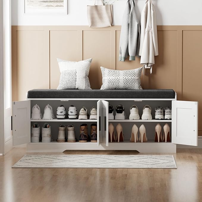2-Tier Storage Bench, Shoe Bench with Thickened Padded Seat Cushion, Entryway Bench with 4 Doors, Adjustable Shelf, 13.8" D x 45.3" W x 18.5" H, for Entryway, Living Room, Bedroom, White-PurrikoPets