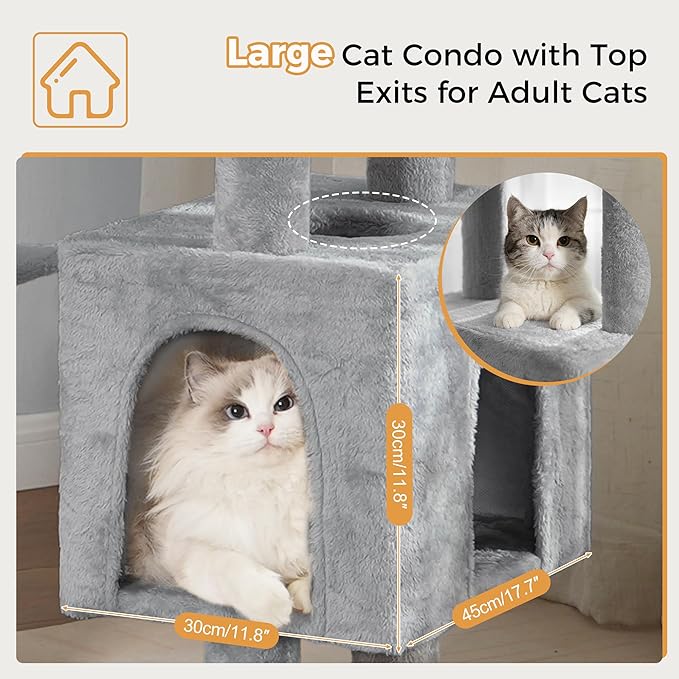 72” Cat Tree for Large Cats Big Cat Tower with Enlarged Hammock 21.6x17.7” Spacious Cats Condo House and Roomy Top Bed and Multiple Scratch Posts for Indoor Adult Cats (Grey, XLarge-72)-PurrikoPets