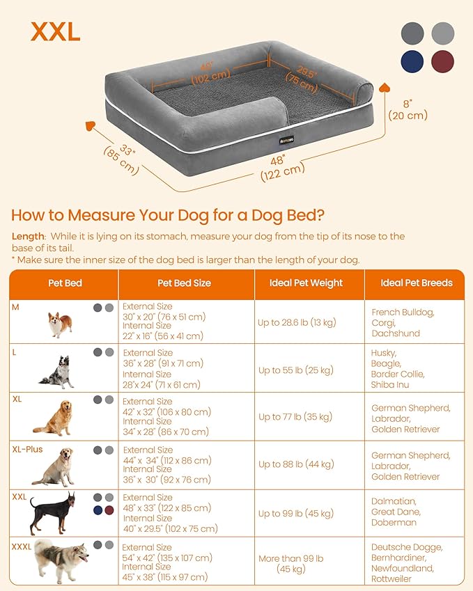 Feandrea Orthopedic Dog Bed, Large Dog Bed Waterproof, Removable Washable Cover Sofa with Non-Slip Bottom, Raised Edges, 48 x 33 x 8 Inches, Light Gray UPGW078G02V1-PurrikoPets