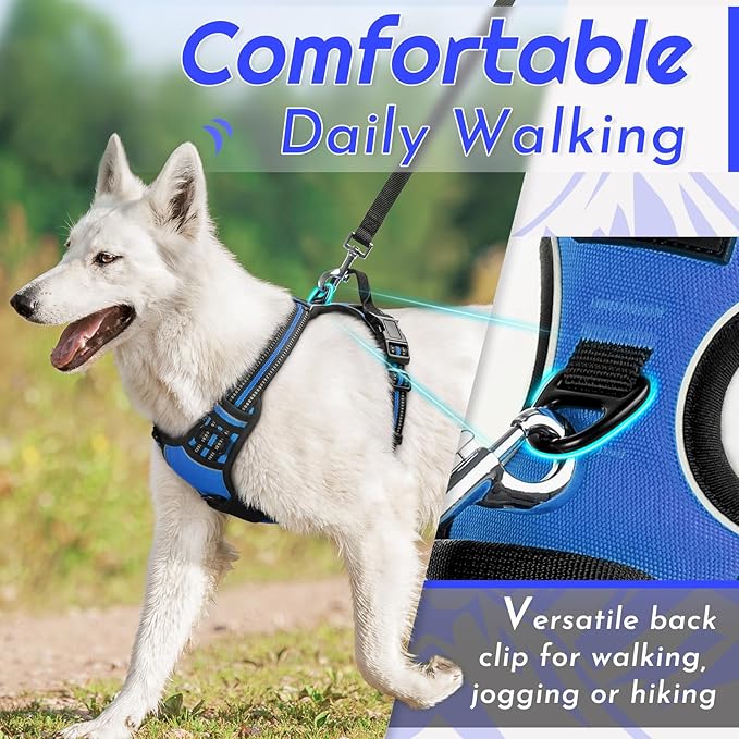 Eagloo Dog Harness for Large Dogs, No Pull Service Vest with Reflective Strips and Control Handle, Adjustable and Comfortable for Walking, No Choke Pet Harness with 2 Metal Rings, Blue, XL-PurrikoPets