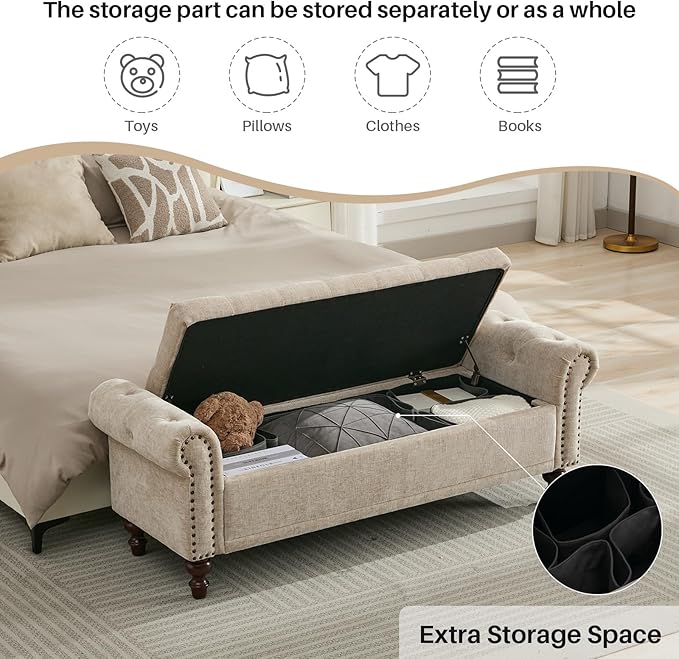 58.1'' Storage Bench Upholstered Chenille End of Bedroom Bed Bench Ottoman with Tufted Cushioned Rolled Arm Large Storage Space for Reading Living Room Entryway, Light Brown-PurrikoPets