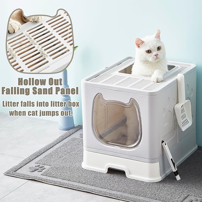 Gefryco Litter Box with Lid for Small to Medium Cats, Enclosed Cat Litter Box with Cover，High Sided Top Entry Cat Box with Brush and Scoop, Cute Kitty Litter Pan with Drawer for Growing Kittens(Grey)-PurrikoPets