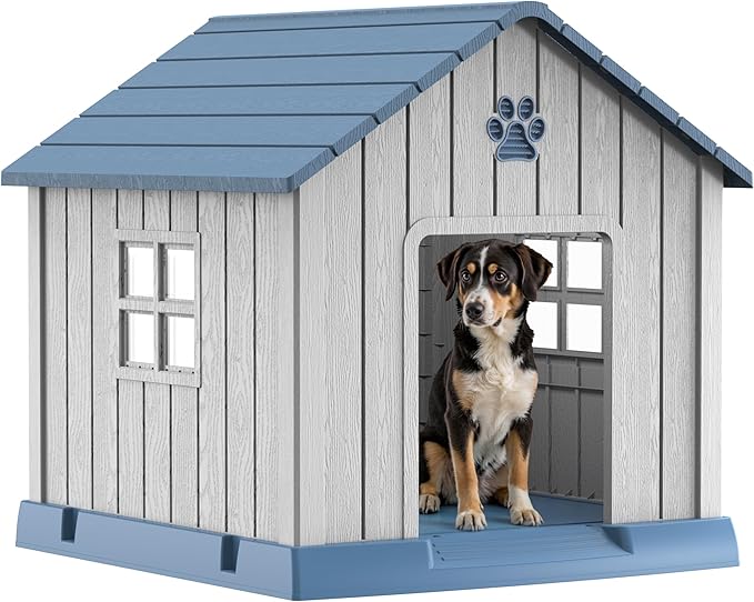 DRATO Dog House Indoor Outdoor for Small to Large Sized Dogs Indoor Outdoor Doghouse Puppy Shelter with Elevated Floor, Easy to Assemble (Blue-x, 31Inch(31.18 * 33.7 * 32.52))-PurrikoPets