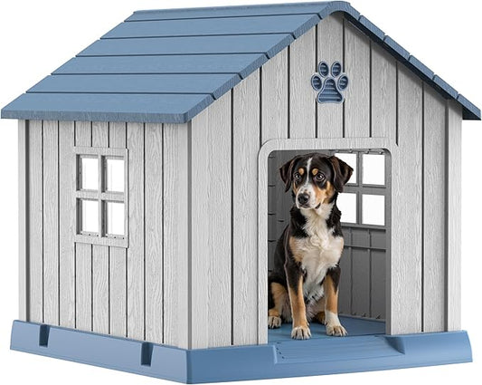 DRATO Dog House Indoor Outdoor for Small to Large Sized Dogs Indoor Outdoor Doghouse Puppy Shelter with Elevated Floor, Easy to Assemble (Blue-x, 31Inch(31.18 * 33.7 * 32.52))-PurrikoPets