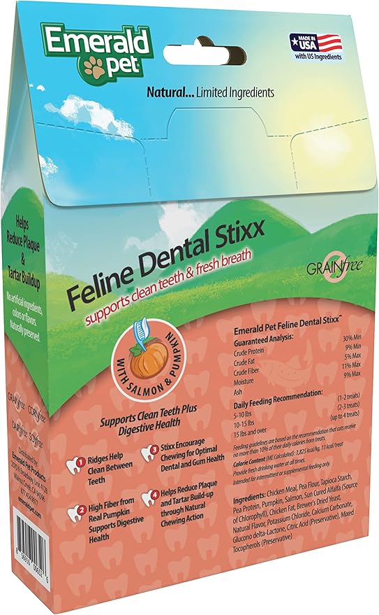 Emerald Pet Feline Dental Stixx — Tasty and Crunchy Cat Dental Sticks with Pumpkin for Digestive Health — Natural Grain Free Dental Treats for Clean Cat Teeth and Fresh Breath — Salmon Stixx, 3.6 oz-PurrikoPets