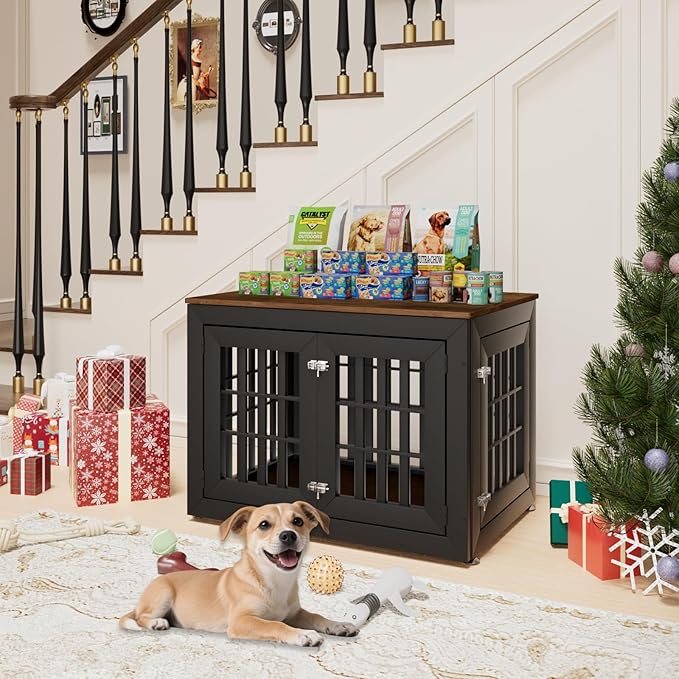 38" Heavy Duty Dog Crate Furniture for Small,Medium and Large Dogs,Rustic Wooden Dog Cage Kennel Indoor Furniture with Waterproof Top,Decorative Pet House Side End Table (Black & Wood)-PurrikoPets