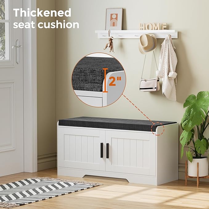 2-Tier Storage Bench, Shoe Bench with Thickened Padded Seat Cushion, Entryway Bench with 2 Doors, Adjustable Shelf, 13.8" D x 37.4" W x 18.5" H, for Entryway, Living Room, Bedroom, White-PurrikoPets