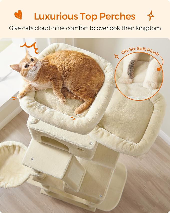 Feandrea Cat Tree, 81.1-Inch Large Cat Tower with 13 Scratching Posts, 2 Perches, 2 Caves, Basket, Hammock, Pompoms, Multi-Level Plush Cat Condo for Indoor Cats, Beige UPCT190M01-PurrikoPets
